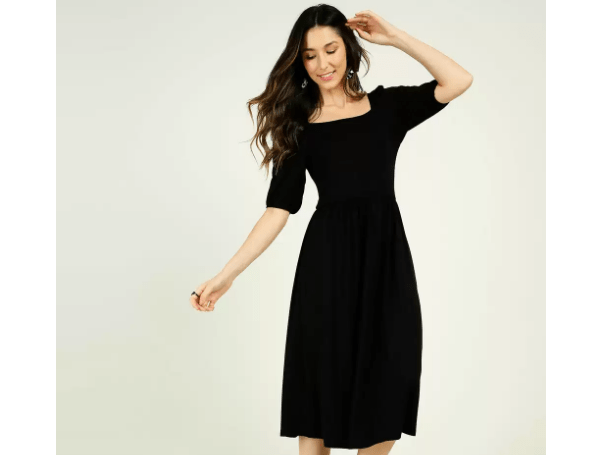 Promoção de Vestido Midi Feminino Manga Curta Bufante Marisa