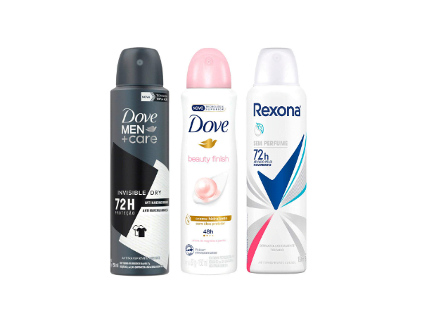 Promoção de Antitranspirante Aerosol Dove Men+Care Invisible Dry + Dove Beauty Finish + Rexona sem Perfume 150ml – 3 Unidades