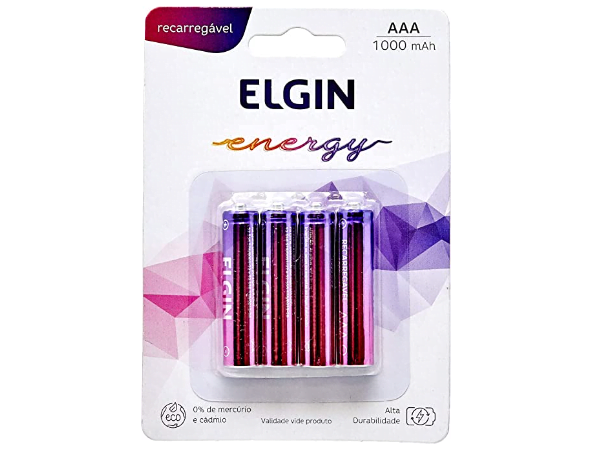 Promoção de Pilha Recarregável AAA Blister Com 4 Pilhas Elgin Baterias 1000mAh