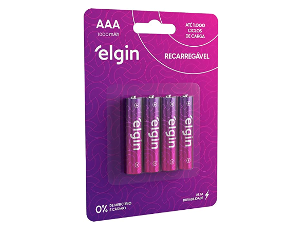 Promoção de Pilha Recarregável AAA Blister Com 4 Pilhas Elgin Baterias 1000mAh